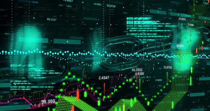 Beginning with teal baseline chart rising showing trend on UI with yellow ribbon green band candles