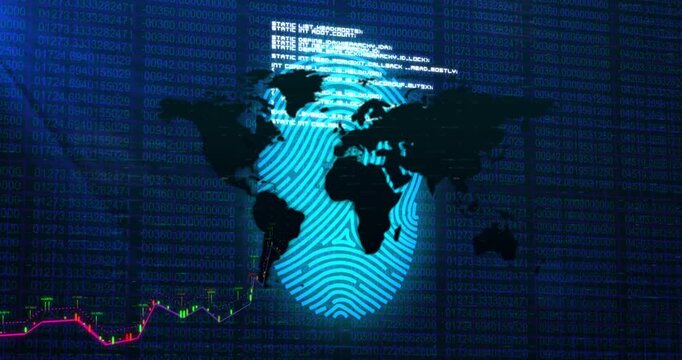 Fingerprint oval revealing behind map sparking data animating across map, showing market shifts