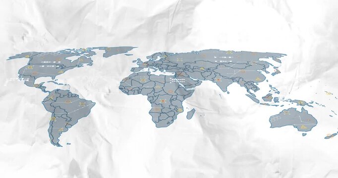 Faint outline appearing causing world map growing with borders orange dots dotted route for supply