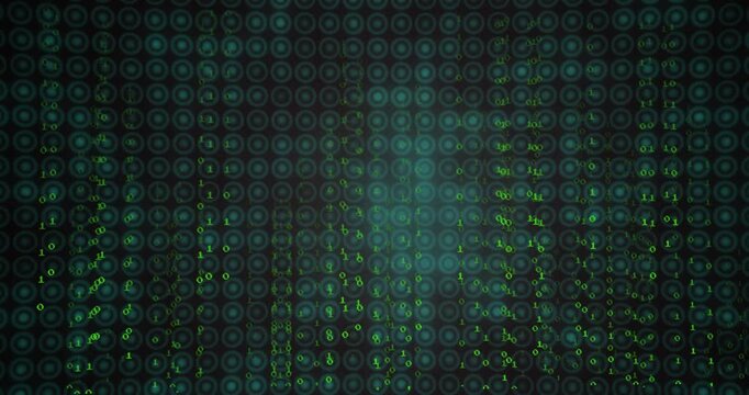 Vertical video: Code streams starting top cascading on grid, peaking then fading showing tech flow