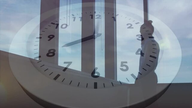 Clock face sweeping, silhouette stepping along window ledge while checking phone, showing time