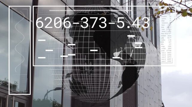 Reflective globe receiving HUD overlay after auto tech scan, showing numeric readouts and rotating