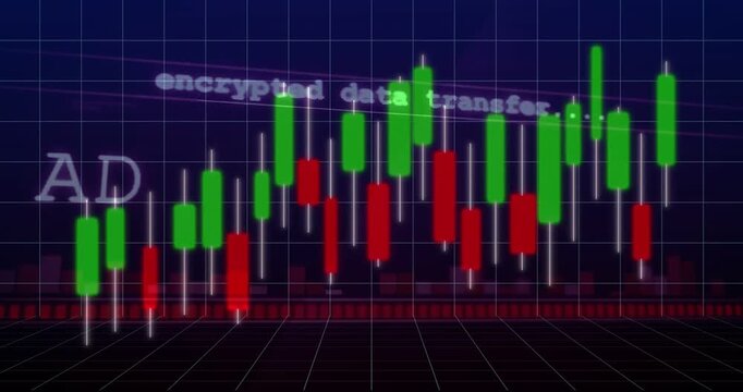 Animating center candlestick cluster fluctuating on dark blue grid plane, ADMINISTRATION overlay