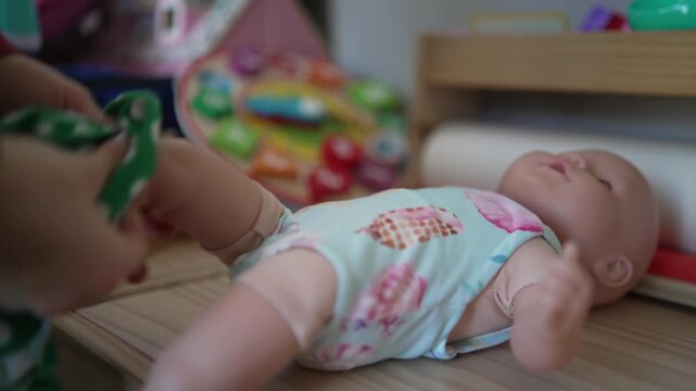 Close-up footage of a child dressing up a baby doll, focusing on hands and detailed clothing. Captures imaginative play, nurturing moments, and childhood creativity. Ideal for themes of toys, parentin