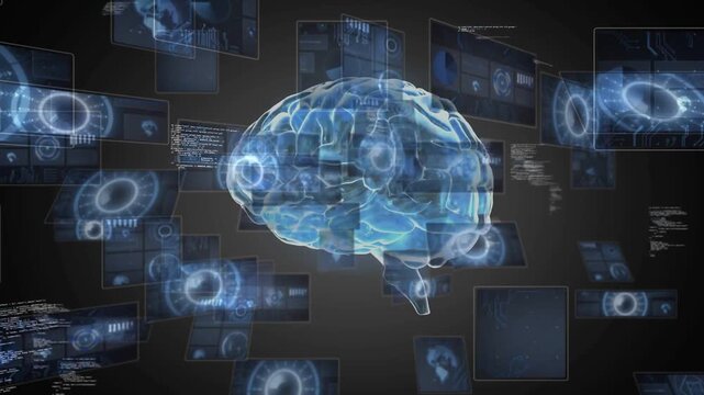 Vertical video: Rising HUD panels urging 3D brain rotating in void as code flowing across for study