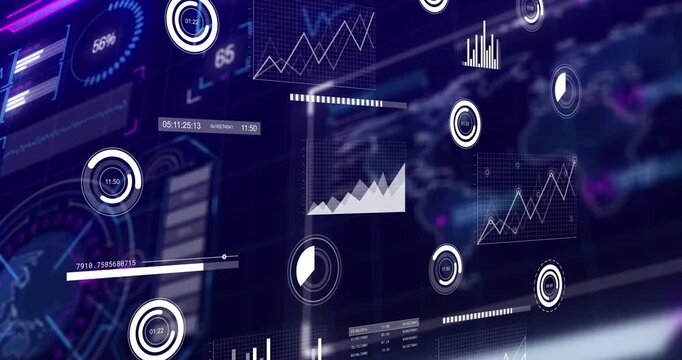 Floating holographic data panel pulsing and rotating at dashboard with gauges, line charts, sidebar