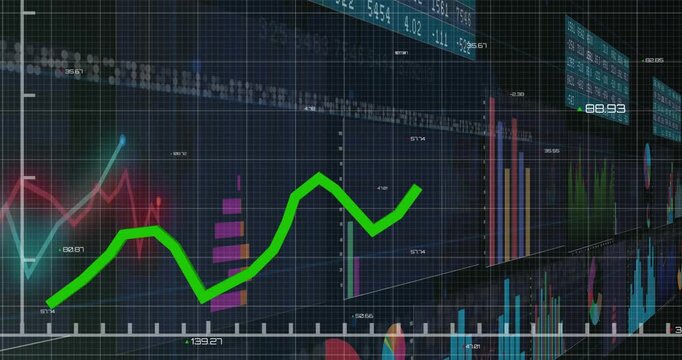 Bright green trend line moving across finance dashboard, camera panning, data feed revealing charts