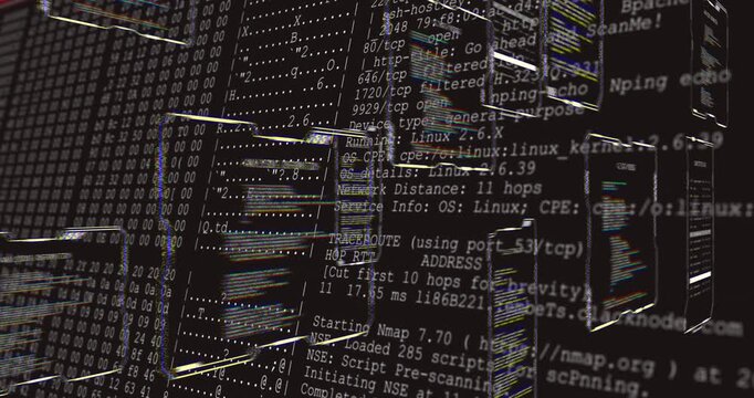 Panning virtual camera rightward, folder panels revealing network-scan terminal text in cyberspace