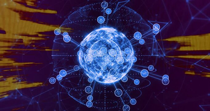 Blue globe pulsing in purple data field, shell showing, spawning nodes by radial links forming net
