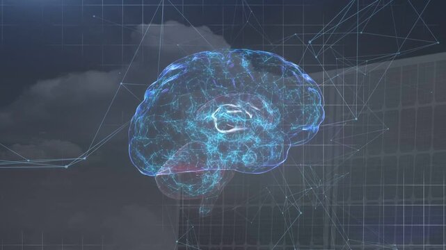 Frame one starting rotating holo brain pulsing core nodes showing neural links in digital 3D grid