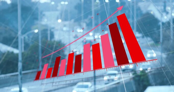 Baseline appearing over blurred roadway, 3D bars rising left to right, arrow marking finance growth