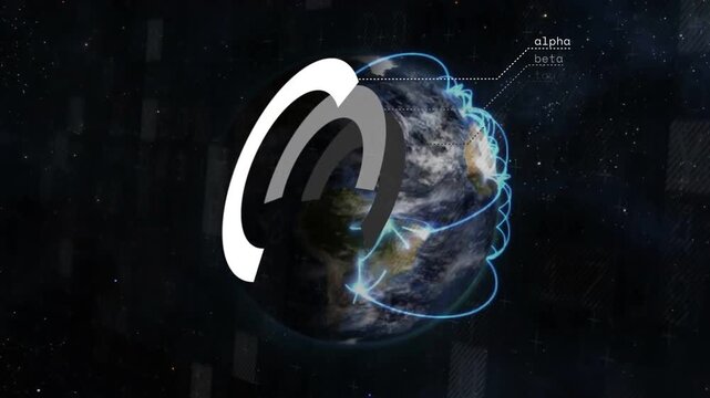 Vertical video: Ring logo sliding causing globe turning blue lines pulsing showing tech labels