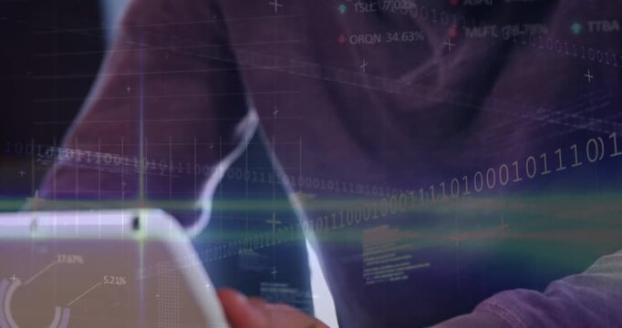 Man leaning over tablet, rotating tablet and tapping thumbs, causing tech overlays for analysis