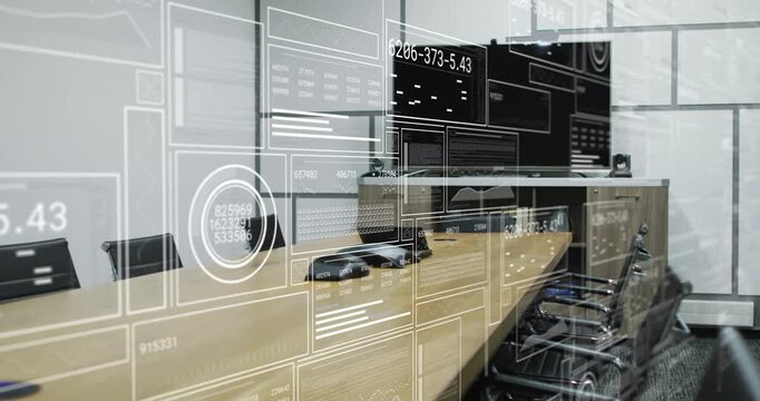 HUD overlays appearing over long table with speakerphone panels sliding gauge updating showing data