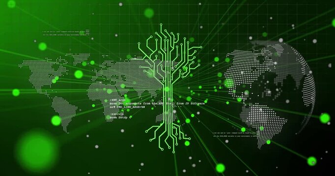 Vertical video: Emerging circuit tree sending beams to dotted map, globe, connecting nodes as hub