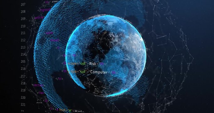 Vertical video: Halo rising, globe rotating center as code moving nodes forming showing cyber tags