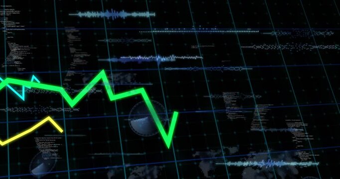 Vertical video: Entering left, green line moving on blue grid with cyan yellow traces tracking data