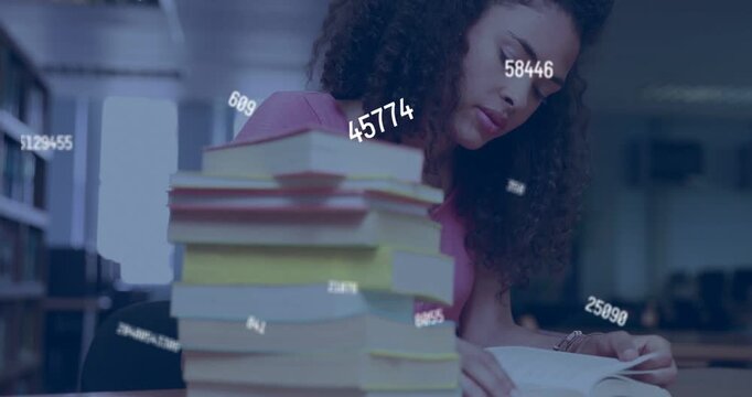 Vertical video: Reading woman studying in pink top at library with books and data overlay appearing