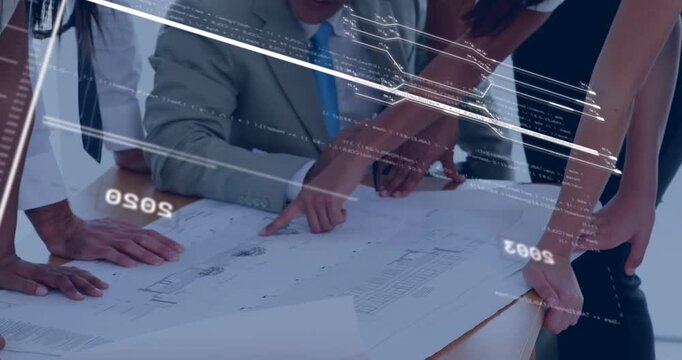 Seated man placing hands on plan guiding team aligning fingers as HUD shifting, finalizing design