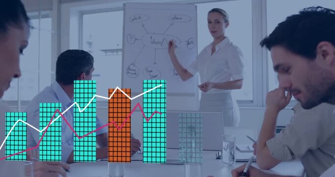 Vertical video: Presenting woman in white top explaining on flipchart as data charts rising in room