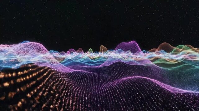 Abstract cosmic landscape animation of colorful interconnected wave forms in a starry night sky with animated particles