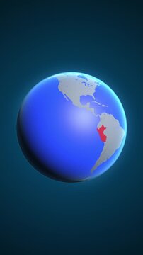 The animation shows a graphic representation of the earth and highlights the location and map of Peru colored red in vertical format.