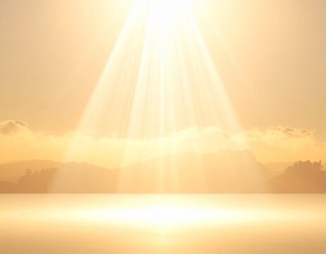 Golden Sunlight Rays Shine Down on Calm Water and Distant Hills at Sunrise