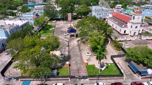 Aerial footage of the Fajardo Town Square and Catedral Santiago Apostol, PR