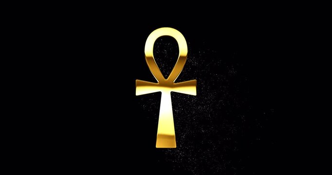 Gold Ankh sacred symbol of Kemetism, ancient egyptian key of life, hieroglyphic symbol  with glare and glittering falling particles, footage