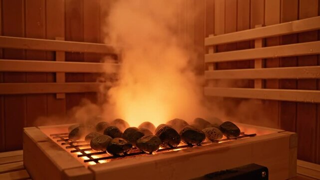 Water pouring onto heated sauna rocks creating steam and intense heat in a wooden sauna.