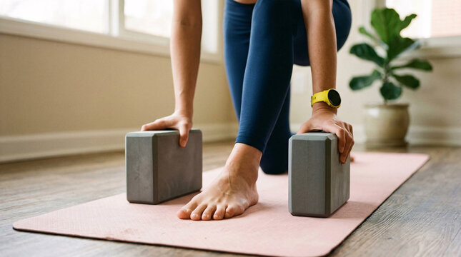 Woman in blue leggings using yoga blocks on a pink mat for a low lunge pose indoors