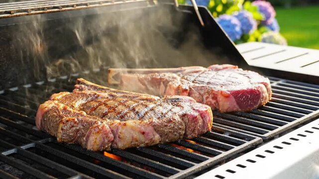 Delicious sizzling ribeye steaks and tomahawk steak on a hot grill cooking outdoors for a summer barbecue