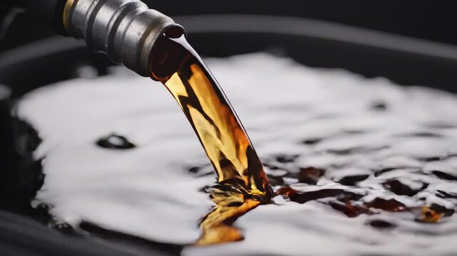 Close-up of gasoline pouring smoothly from a fuel nozzle. Golden stream of oil flowing into a dark liquid pool with dynamic ripples. Fossil fuel industry concept