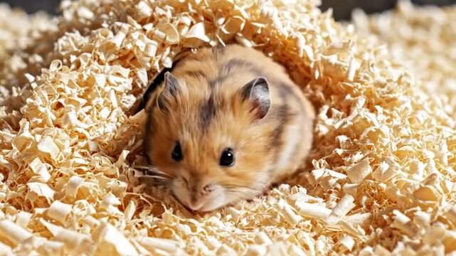 Cute hamster emerging from a cozy burrow nest made of fluffy wood shavings, close-up view