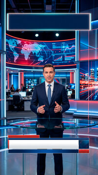 Live anchor presenting evening bulletin in modern studio