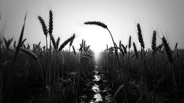 Black and white shot of a path leading through a field of wheat under a foggy sky with spooky atmospheric lighting