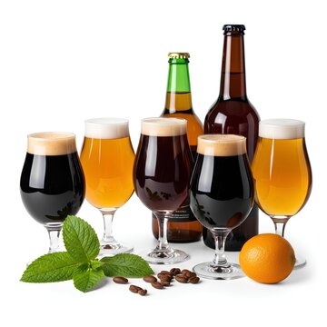 Assortment of Craft Beers in Glasses and Bottles with Ingredients.
