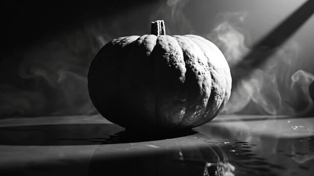 Dramatic black and white close-up of a pumpkin on a reflective surface with fog in the dark