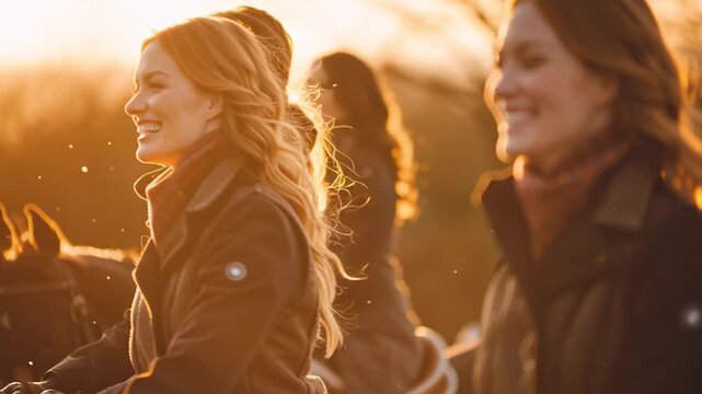 Women in British Countryside Riding Outfits Laughing in Sunny Field
