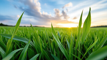 Obraz premium Green grass field thriving under the warm glow of a summer sunset, symbolizing growth, harvest, and the longest day's natural beauty or a peaceful agricultural evening