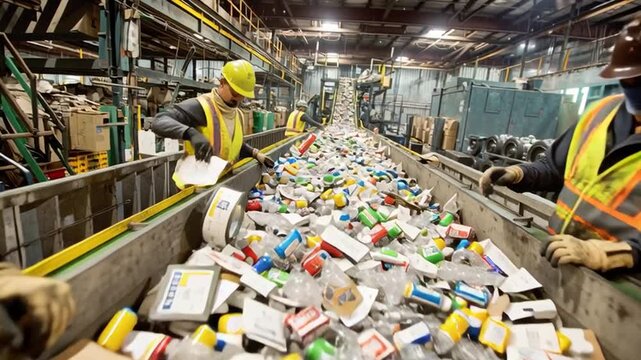 Workers Sorting Recyclable Materials in Busy Recycling Facility
