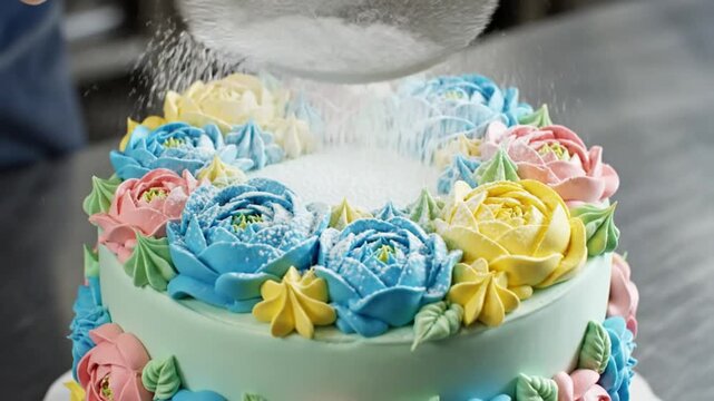 Chef dusting a beautifully decorated cake with a floral wreath design using powdered sugar for finishing touches