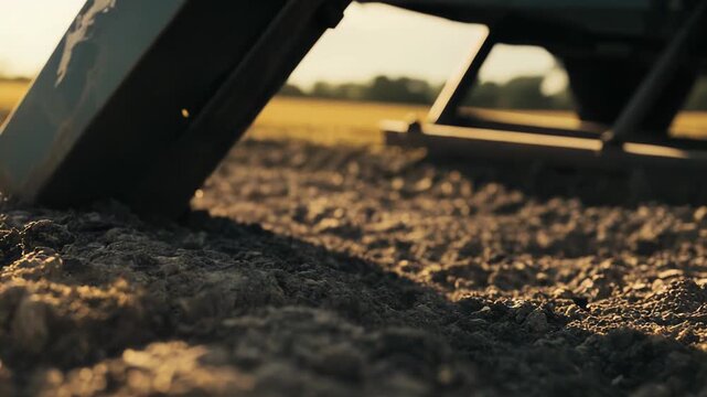 Tractor implement turning fresh soil at golden hour on a rural farm field, preparing fertile earth for spring planting and sustainable crop growth under warm evening light