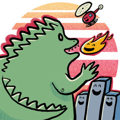 Zabawny potwór niszczący miasto, kreskówkowa ilustracja pełna humoru i kolorowego chaosu © ukasz