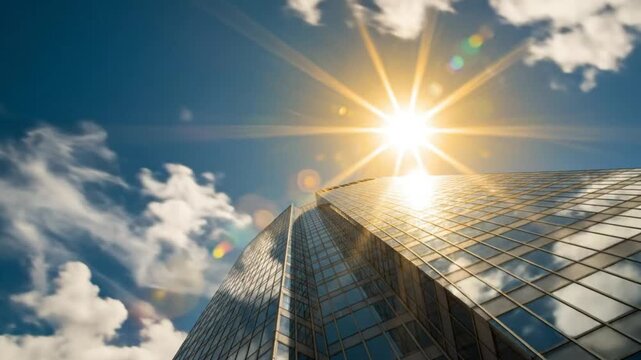Low angle view of modern skyscraper with glass facade, sun shining brightly in the clear blue sky, clouds floating