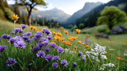 Obraz premium Vibrant wildflowers blooming brightly in a sunlit meadow, capturing the warm essence of summer solstice with golden hour glow, celebrating nature's longest day and abundant life