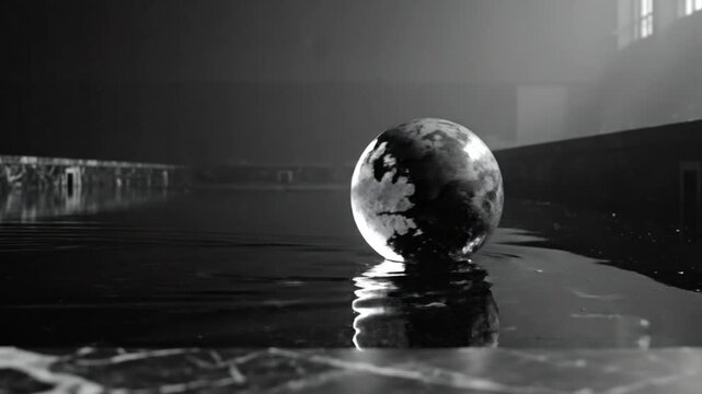 Black and white spherical object floating in a still reflective pool with a dramatic atmosphere