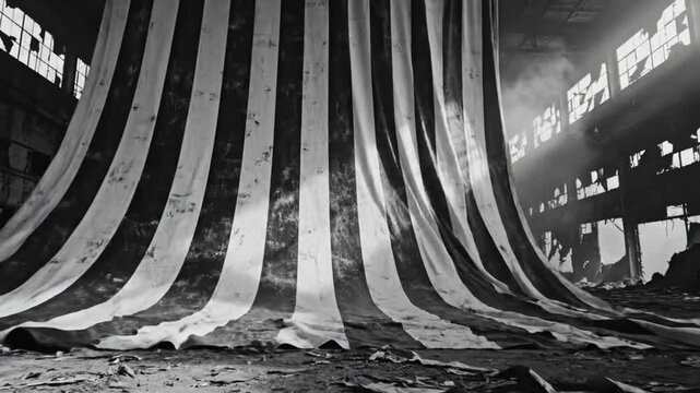 Dramatic black and white striped curtain in a derelict industrial building after a disaster with debris and smoke