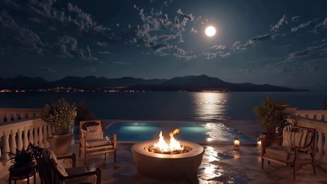 Moonlight shines over the ocean while people relax by a fire near a poolside in a coastal location at night