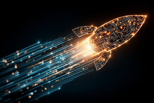 Circuit patterned rocket blasting forward illustrating technological innovation, rapid progress, and futuristic digital transformation.
